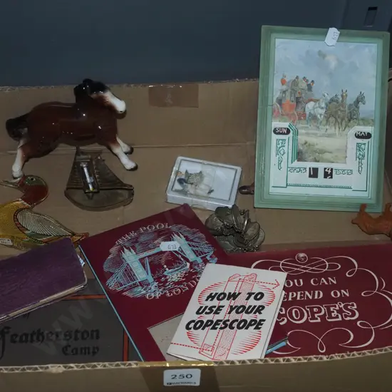 box; horse figurine, small thermometer, Queen Elizabeth corontion copescope etc