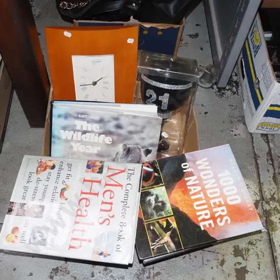 box; books, wall clock, large plastic 21st goblet