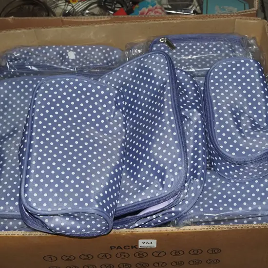 box of as new set of 3 white and purple polka dot toilet bags