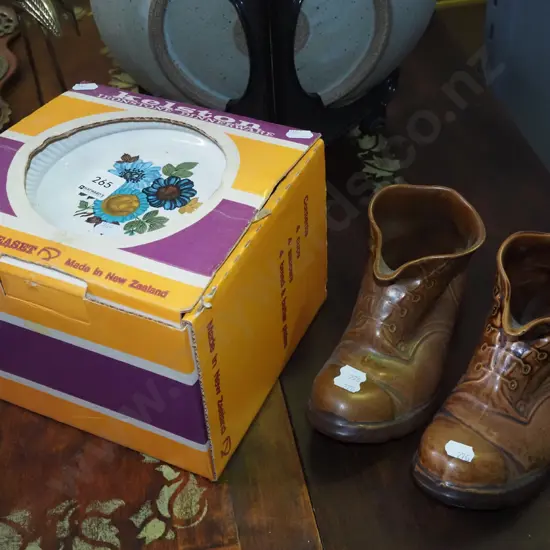 as new boxed Kelston blue floral 12 piece tea set, 2x Temuka pottery  boots