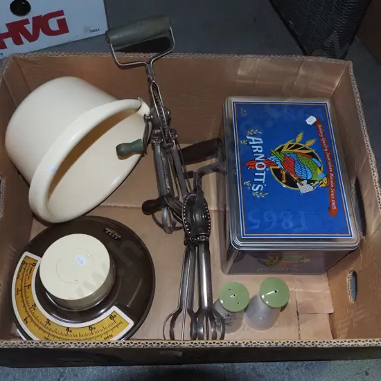 kitchen scales, egg beaters, salt and pepper