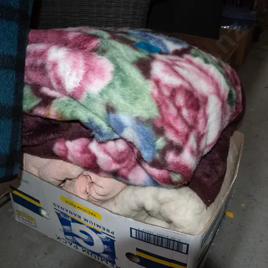 box; various throws, blankets