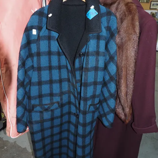 blue and black checked full length coat - no size, looks large