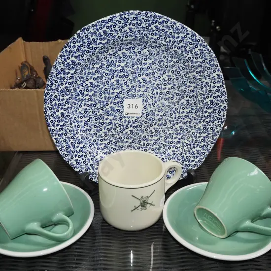 Burleigh ware blue and white plate - chip, Crown Lynn NZ Army mug, 2 coffe cups and saucers