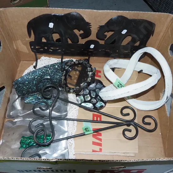 box; small metal easel, metal artworks, paua items etc