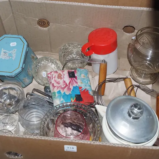 box; kitchen whisks, coffee perk, glass ware etc