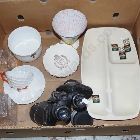 box; binoculars, segmented dish, measuring cup etc