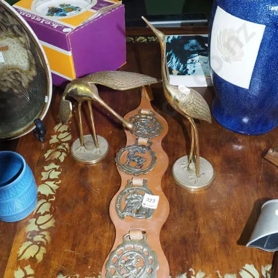 2x brass cranes,  horse brasses