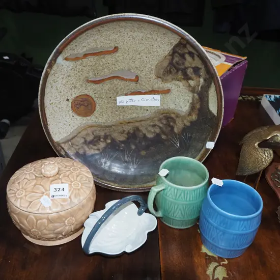Colston NZ pottery bowl, Sylvac items, Carlton ware leaf basket