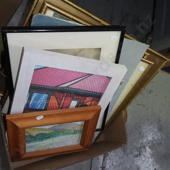 box; prints, oil on boards, framed photograph etc