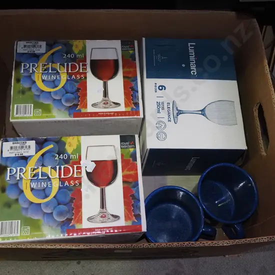 box; enamel mugs, wine glasses
