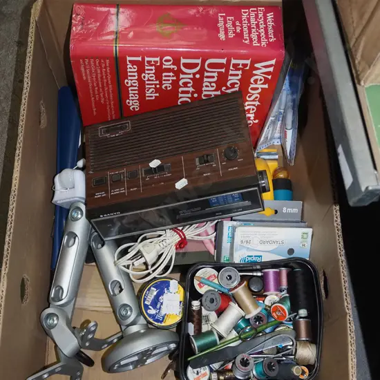 box; sewing threads, monitor stand, digital radio etc