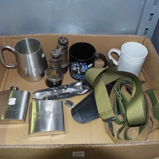 box; binoculars, hip flasks, belts etc