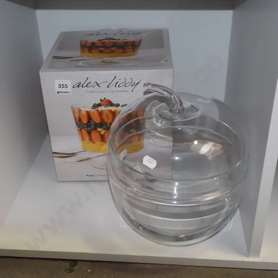 box; footed trifle bowl, glass apple shaped storage canister