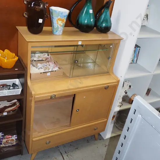 mid century oak wall unit with 1 drawer 2 solid doors, 2 glazed doors, pull out tray