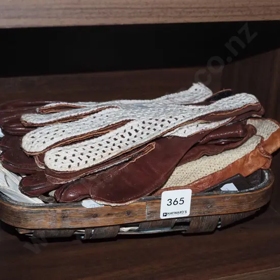 small wooden trug, various ladies leather gloves