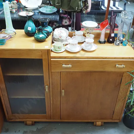 deco oak sideboard - 1 solid and 1 glazed doors, 1 drawer H-910 W-1190 D-370