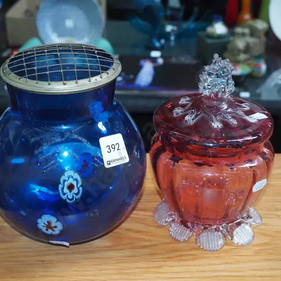 blue glass rose vase, ruby glass lidded canister