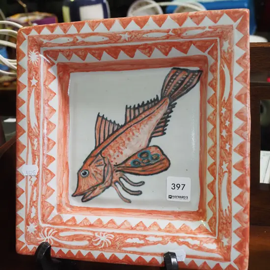 square studio pottery hand painted footed fish bowl