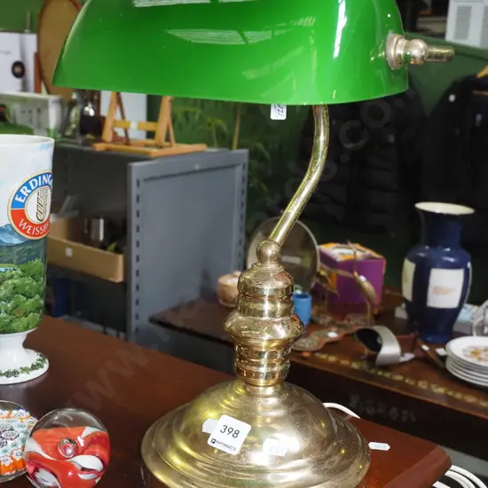 brass based and green glass bankers lamp - some pitting and corrosion to brass H-380
