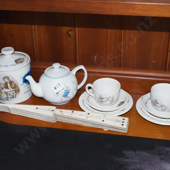 hand held fan, Beatrix Potter miniature tea pot, trios, lidded canister - repairs to lid