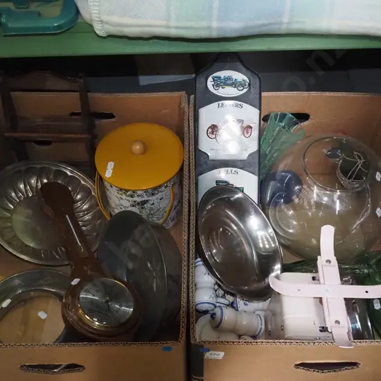 2x boxes; kitchen scales, lidded canisters, barometer etc - blue dots