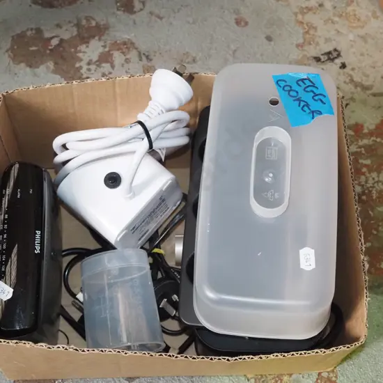 box; Kambrook egg cooker, multi box, bedside radio alarm clock