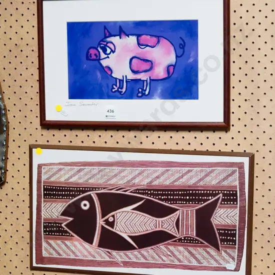 framed print, print on board - pig and fish - yellow dots