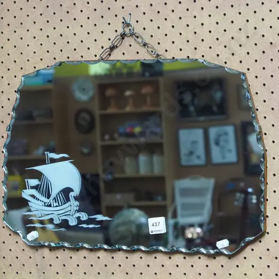 etched scalloped edge wall mirror - sailing ship H-300 W-460