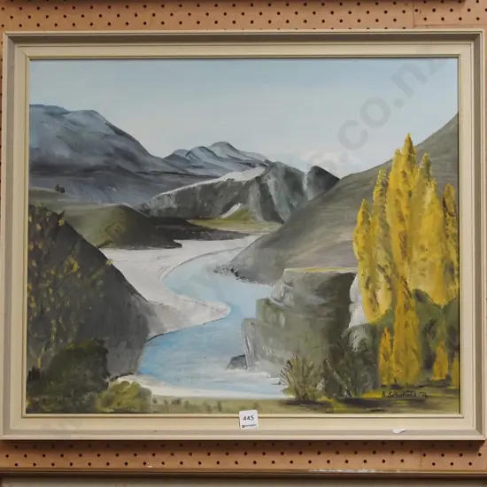 S Schofield '74 - framed oil - river  scene - foxing