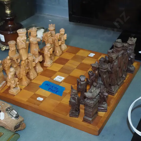 hand carved wooden chess set- missing white bishop