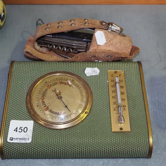 barometer/thermometer, camping knife set in leather pouch