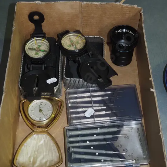box; compasses, screwdriver sets, travel alarm clock etc