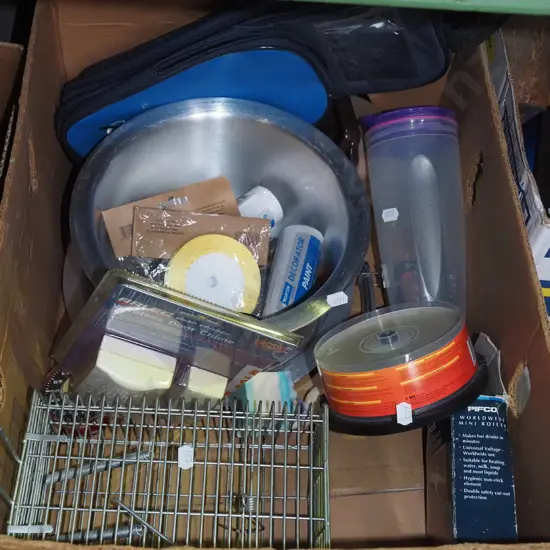 box; animal trap, stainless steel bowl, door bell, staple gun etc