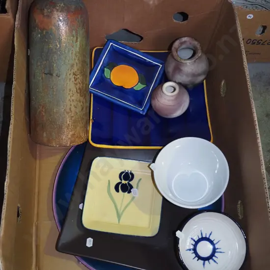 box; square plates, salt glazed bottle vase, bowls etc