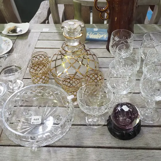 cut crystal goblets, footed bowl, honey pot and decanter set