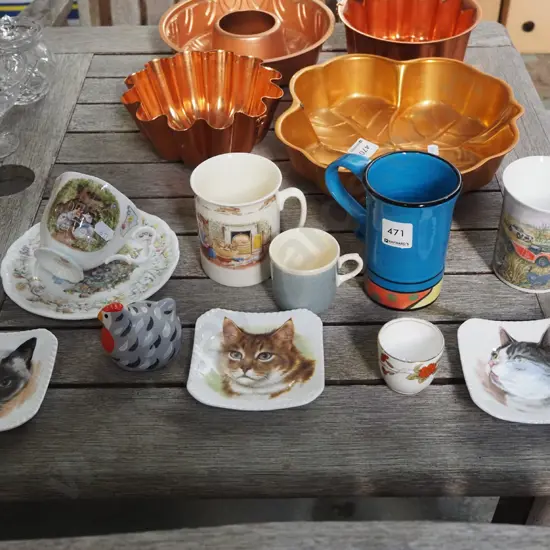 Beatrix Potter cup, saucer, cat themed pin dishes etc