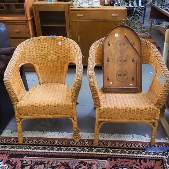2x woven cane armchairs