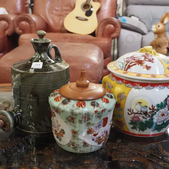 2x lidded bowls, studio pottery tapped bottle with stopper