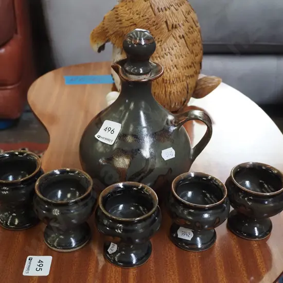 studio pottery bottle, 5 small goblets