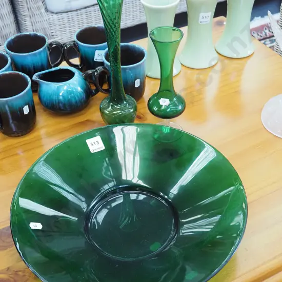 green glass fruit bowl, 2x green glass vases H-280