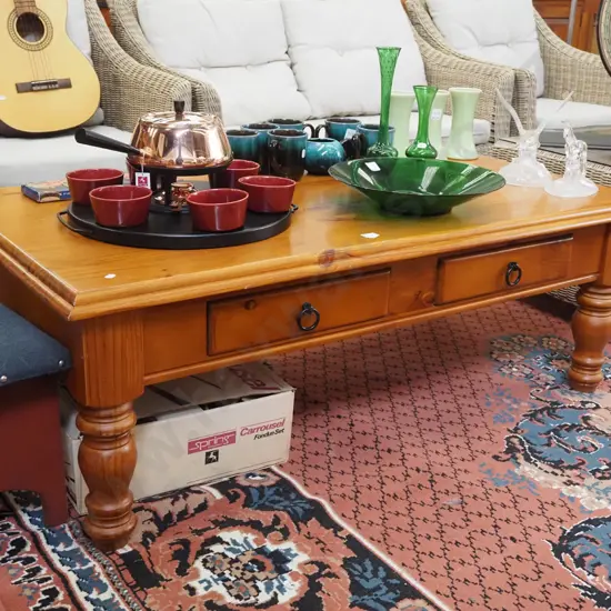 solid pine turned leg coffee table with 2 drawers H-450 W-1290 D-710