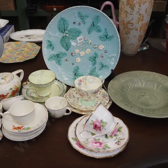German strawberry plate, trios, small tea pot, Aztec bowl etc