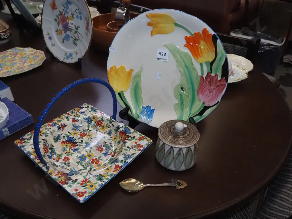 tulip plate, Hanmer pottery lidded pot, floral Biarritz plate with handle Image 1++