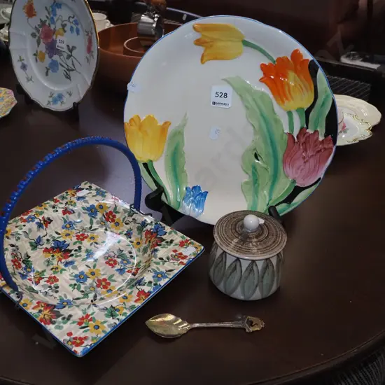 tulip plate, Hanmer pottery lidded pot, floral Biarritz plate with handle