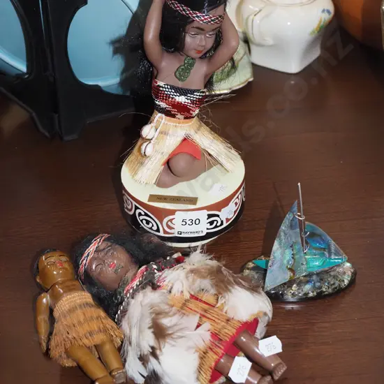 NZ souvenir dolls, paua shell boat