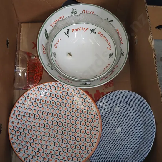 box; large bowls and plates