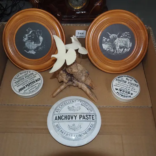 vintage ceramic jar lids, sculpture, 2x wooden coasters