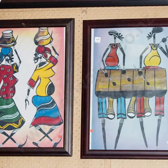 2x framed acrylics on canvas - African people - framing needs attention - red dots