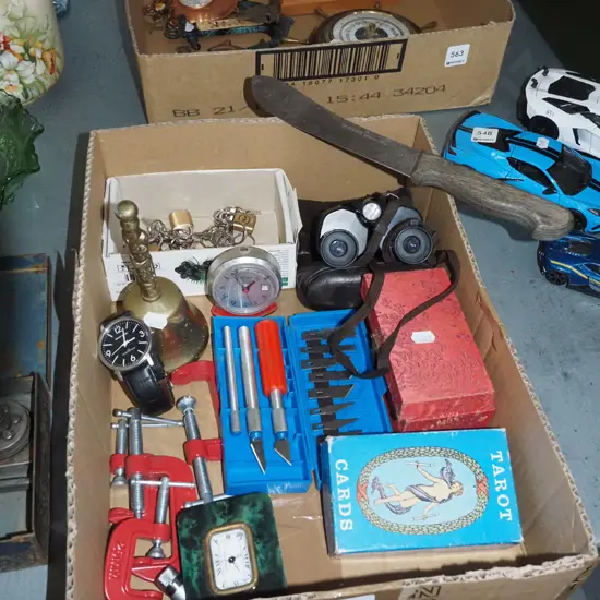 box; binoculars, knife, small clamps etc